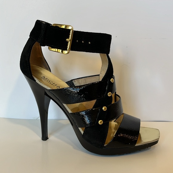 MICHAEL Michael Kors Upton Ankle Heels Crinkled Patent Leather Suede Black Sz 6 - Picture 2 of 7